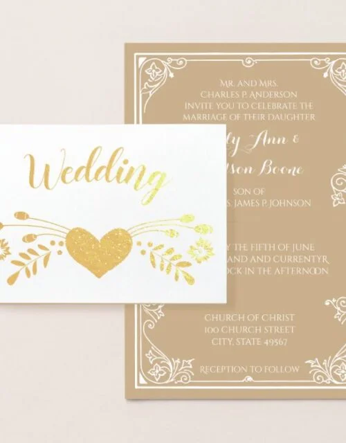 Gold Foil Floral Typography Wedding Invitations