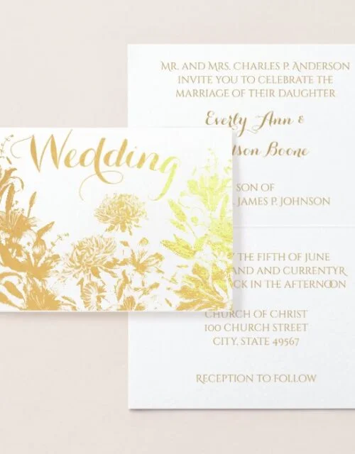 Gold Foil Floral  Typography Wedding Invitations