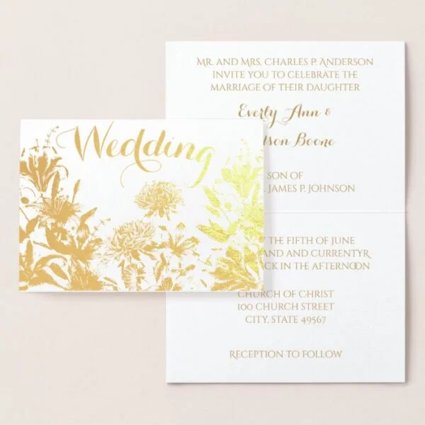 Gold Foil Floral  Typography Wedding Invitations
