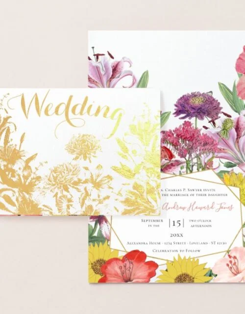 Gold Foil Floral Typography Wedding Invitations