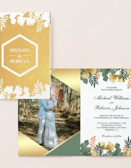 Gold Foil Geometric Tropical Photo Wedding Invite