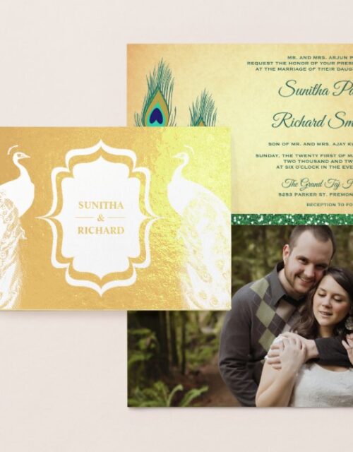 Gold Foil Green Peacock Feather Wedding Invitation