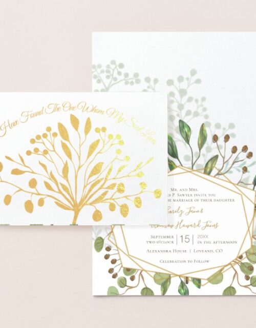 Gold Foil Greenery Geometric Wedding Invitation