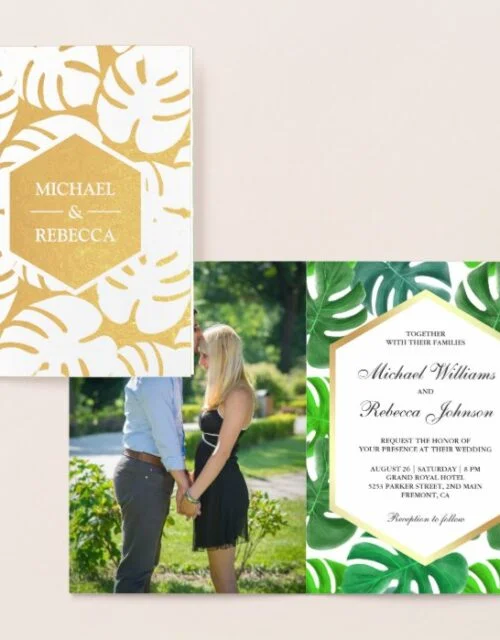 Gold Foil Monstera Tropical Wedding Invitation