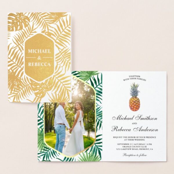 Gold Foil Palm Leaves Pineapple Wedding Invitation