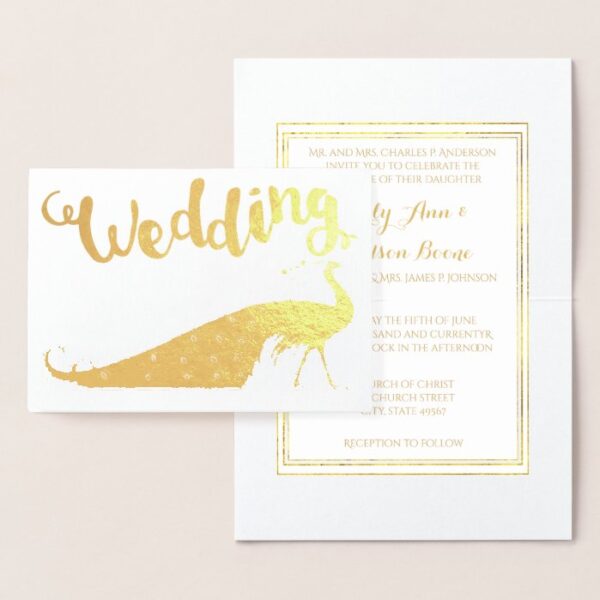 Gold Foil Peacock Typography Wedding Invitations