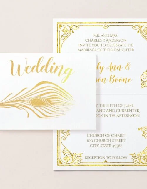 Gold Foil Peacock Typography Wedding Invitations