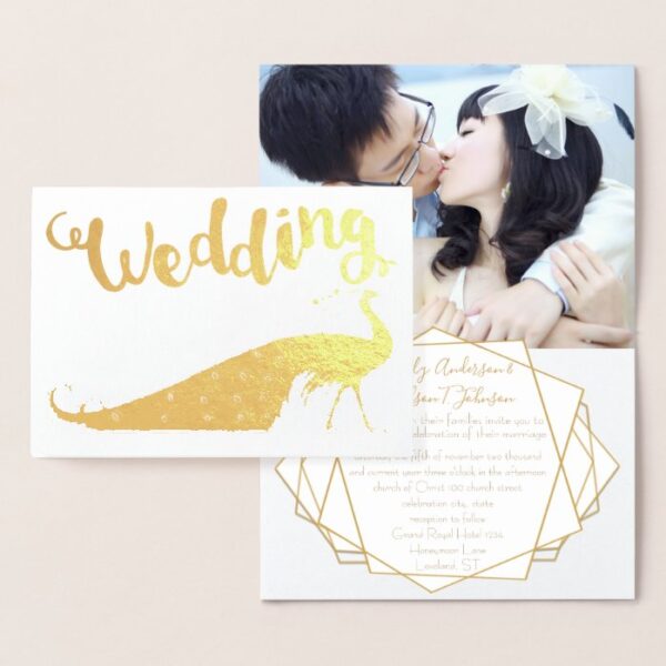 Gold Foil Peacock Your Photo Wedding Invitations