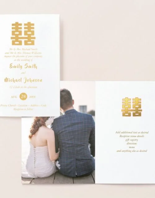 Gold FOIL PHOTO Chinese Happiness Wedding White Foil Card