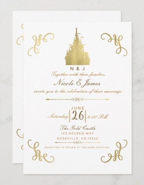 Gold Foil Princess Castle Storybook Wedding Invitation