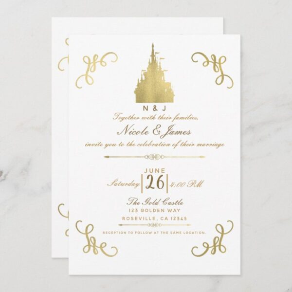 Gold Foil Princess Castle Storybook Wedding Invitation