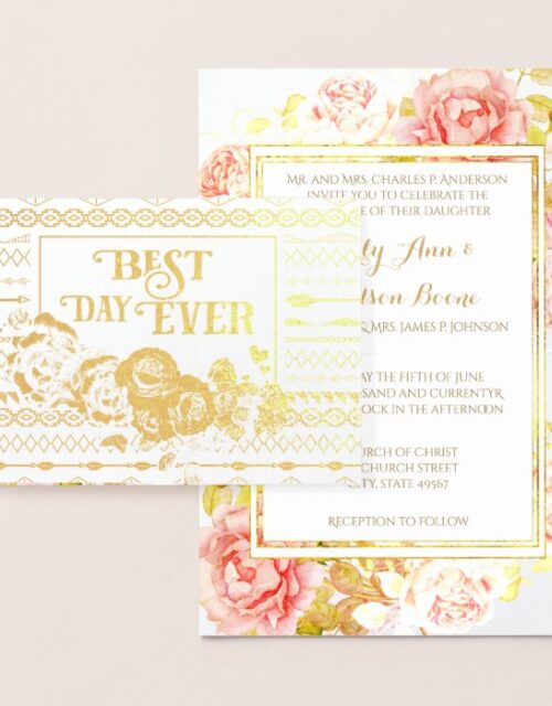 Gold Foil Rose Aztec Typography Wedding Invitation