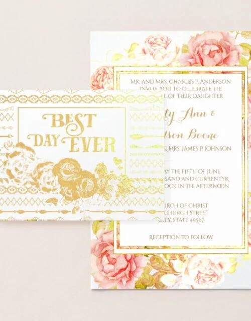Gold Foil Rose Aztec Typography Wedding Invitation