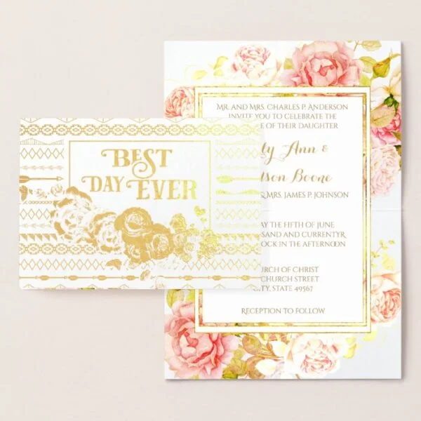 Gold Foil Rose Aztec Typography Wedding Invitation
