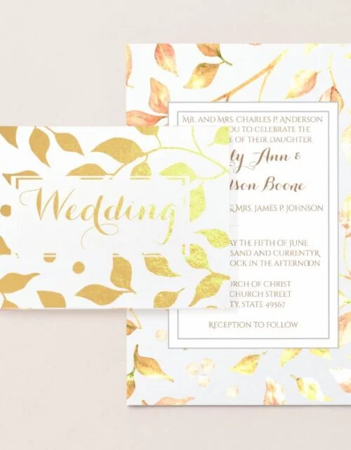 Gold Foil Rose Leaf Typography Wedding Invitation