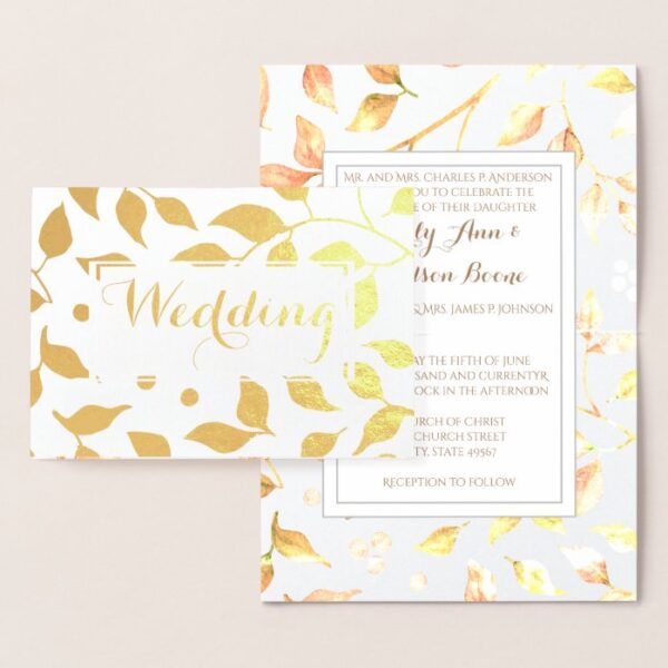 Gold Foil Rose Leaf Typography Wedding Invitation