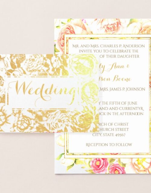 Gold Foil Rose Pink Typography Wedding Invitations