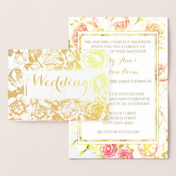 Gold Foil Rose Pink Typography Wedding Invitations