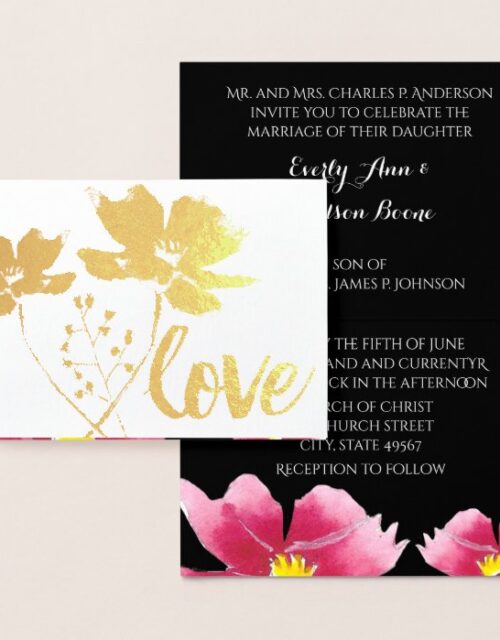 Gold Foil Rose Typography Wedding Invitations