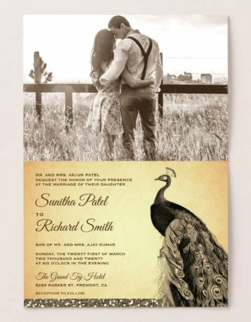 Gold Foil Sepia Peacock Photo Wedding Invitation