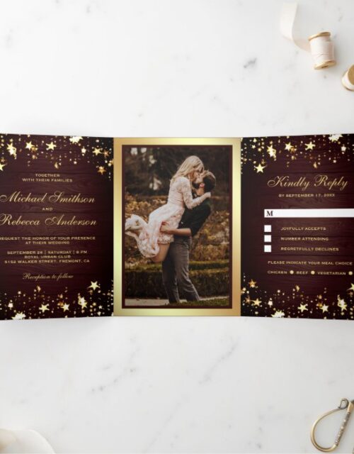 Gold Foil Stars Confetti Rustic Barn Wood Wedding Tri-Fold Invitation
