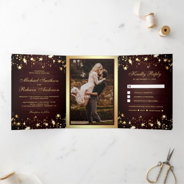 Gold Foil Stars Confetti Rustic Barn Wood Wedding Tri-Fold Invitation