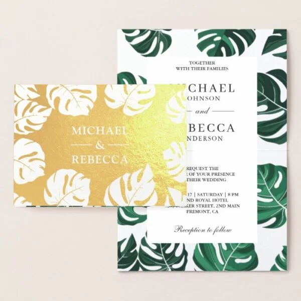 Gold Foil Tropical Monstera Wedding Invitation