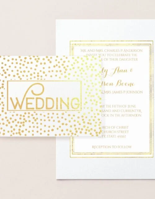 Gold Foil Typography Confetti Wedding Invitations