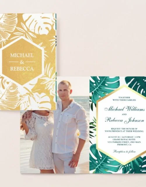 Gold Foil White Teal Monstera Wedding Invitation