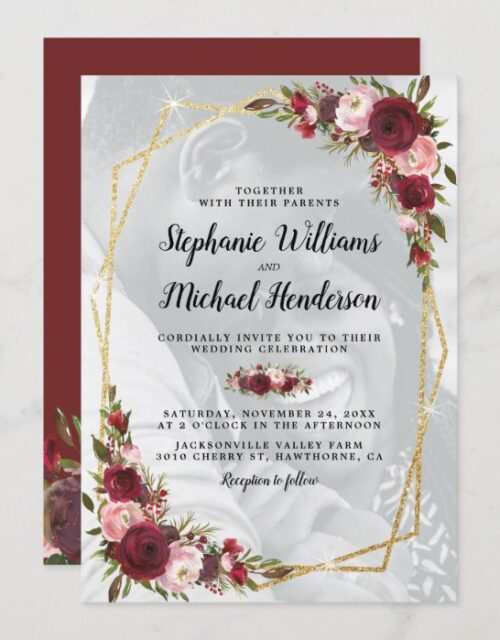 Gold Geometric Burgundy Floral Photo Wedding Invitation