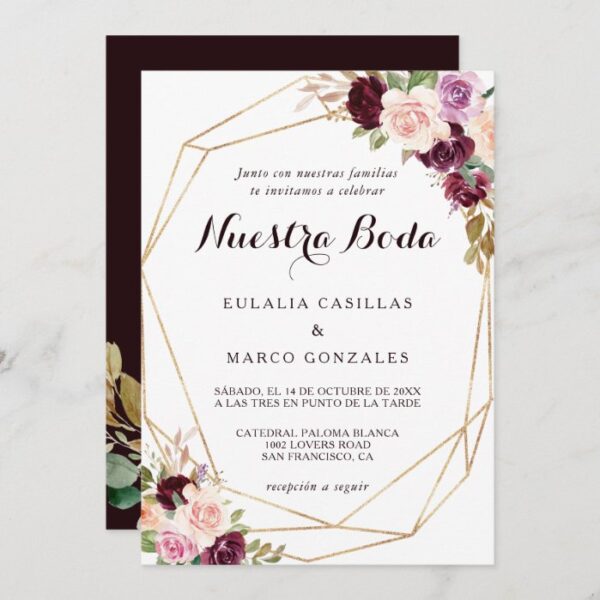 Gold Geometric Burgundy Floral Spanish Wedding Invitation