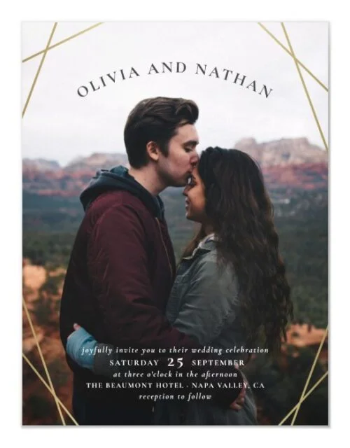 Gold Geometric Custom Engagement Photo Wedding Magnetic Invitation