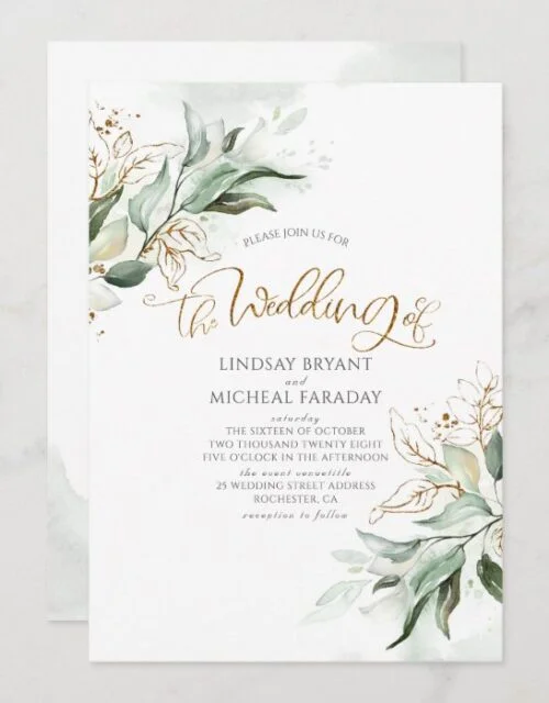 Gold Glitter Eucalyptus Greenery Elegant Wedding Invitation