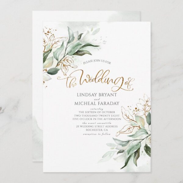 Gold Glitter Eucalyptus Greenery Elegant Wedding Invitation