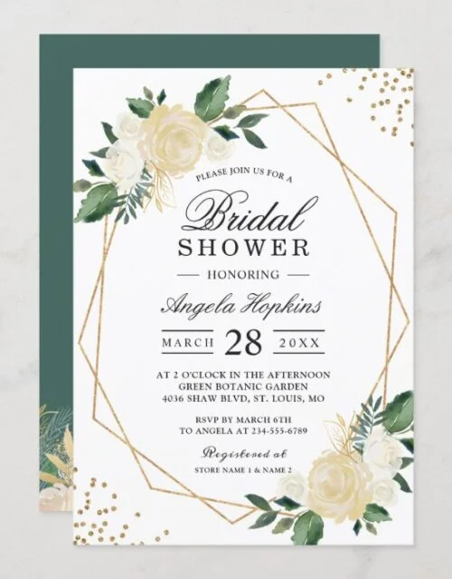 Gold Glitters Greenery Floral Bridal Shower Brunch Invitation