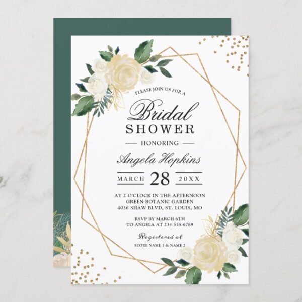 Gold Glitters Greenery Floral Bridal Shower Brunch Invitation