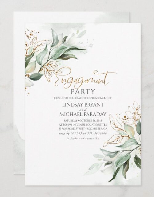 Gold Leaves Greenery Elegant Engagement Party Invitation