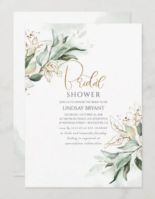 Gold Leaves Greenery Romantic Cute Bridal Shower Invitation