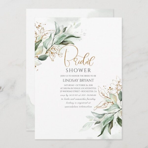 Gold Leaves Greenery Romantic Cute Bridal Shower Invitation
