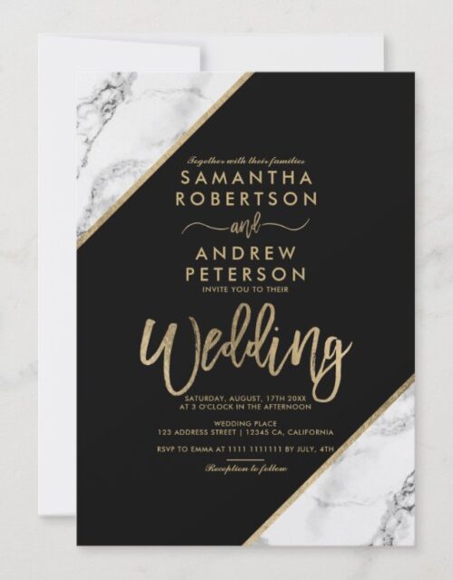 Gold marble stripes typography black wedding invitation