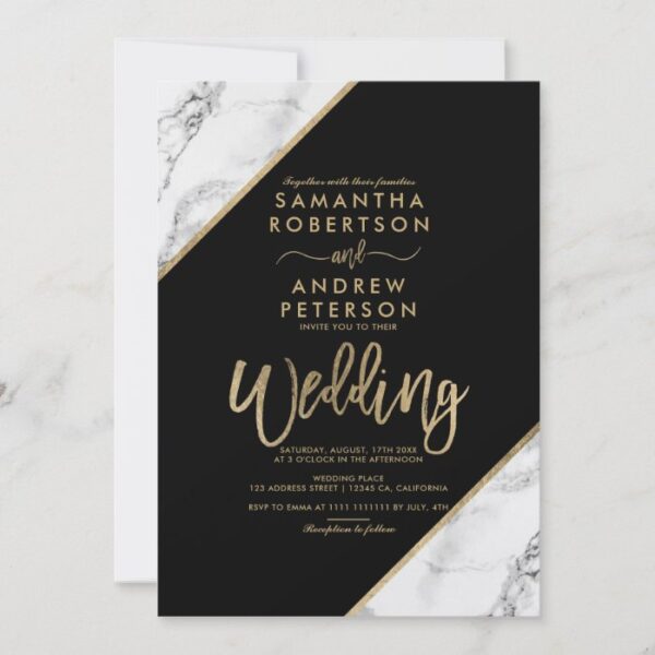 Gold marble stripes typography black wedding invitation