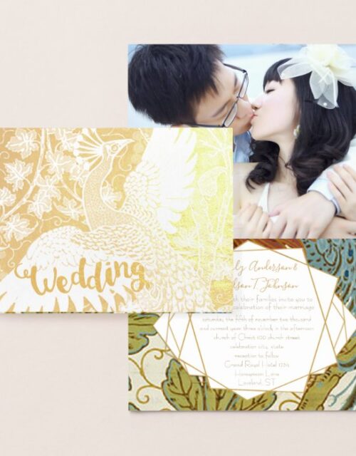 Gold Peacock Geometric Frame Wedding Invitations