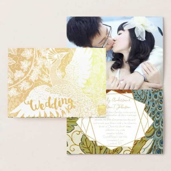 Gold Peacock Geometric Frame Wedding Invitations