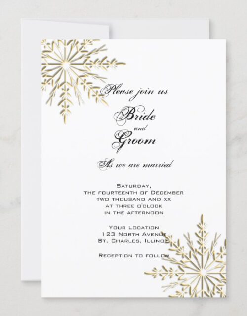Gold Snowflakes on White Winter Wedding Invitation