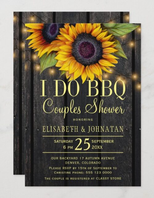 Gold sunflowers country barn wood couples shower invitation