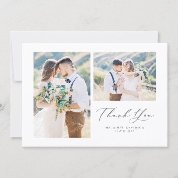 Gray Whimsical Calligraphy Photo Collage Wedding Thank You Card