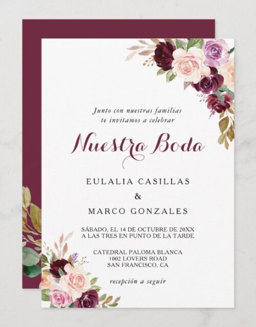 Green Blush Burgundy Floral Spanish Wedding Invitation