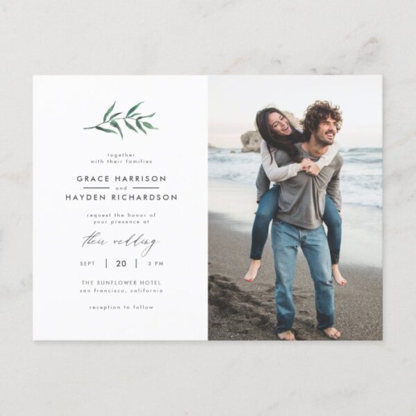 Green Watercolor Sprig | Minimalist Photo Wedding Invitation Postcard