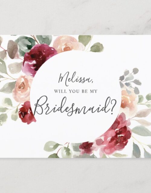 Greenery Burgundy Will You Be My Bridesmaid Invitation Postcard
