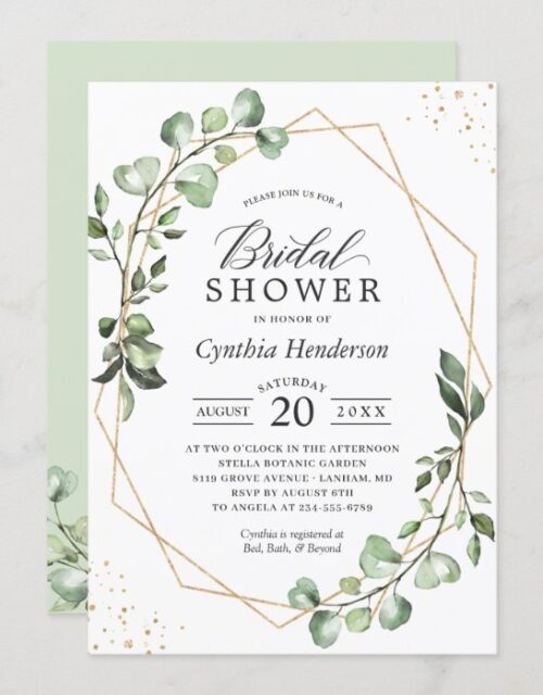 Greenery Eucalyptus Gold Geometric Bridal Shower Invitation